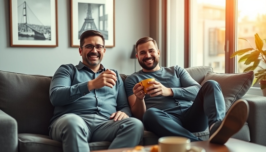 HVAC podcast duo enjoying coffee in a cozy recording space.
