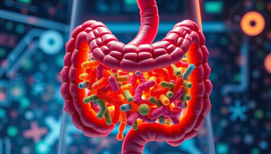 Colorful gut health bacteria inside intestine model, medical background.