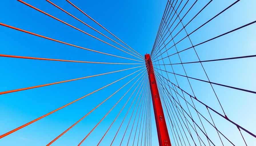 Red bridge cables reaching skyward, symbolizing agentic AI in business strategy.