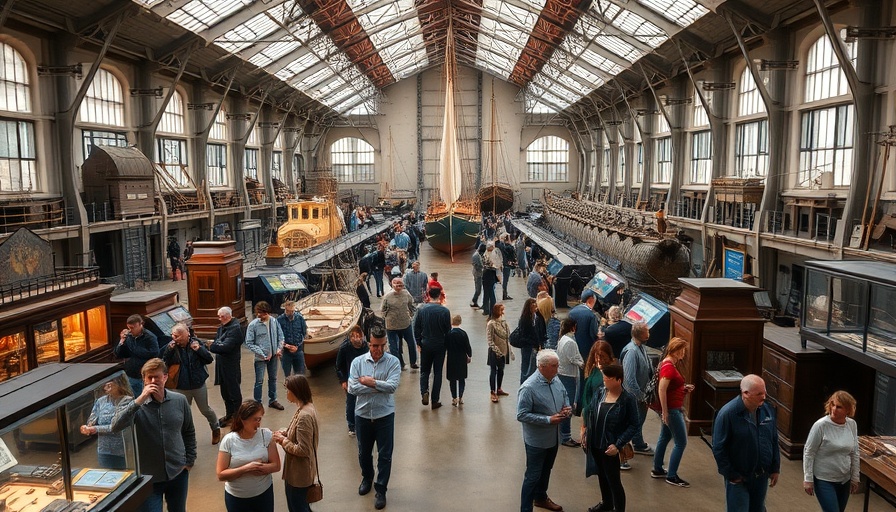Visitors exploring shipbuilding museum exhibits and historical ships.