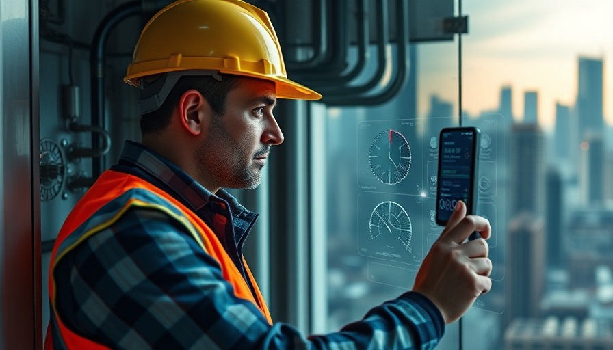 Construction worker analyzes HVAC system with AR in urban setting.