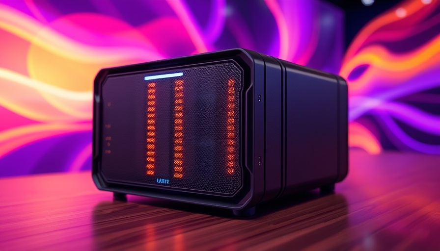 Futuristic headless server with glowing interface lights on a wooden surface.