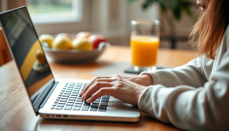Person using laptop for content creation, warm home setting with juice and apples.