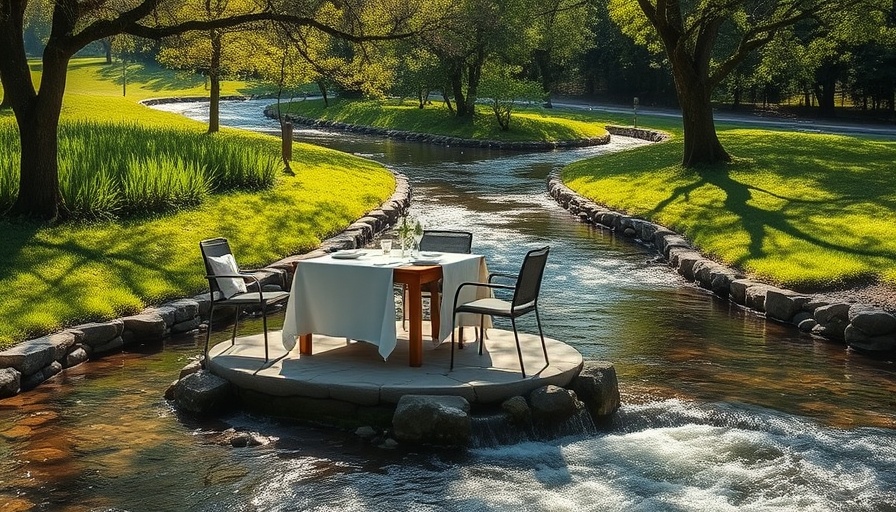 Elegant outdoor dining on stream with nature backdrop, current glimmers in home design.