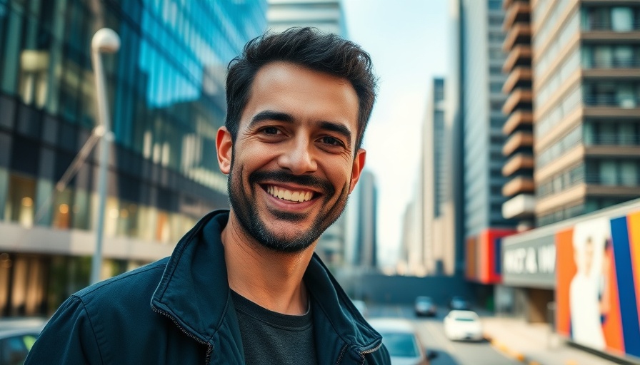 Smiling man in blue suit with city backdrop.