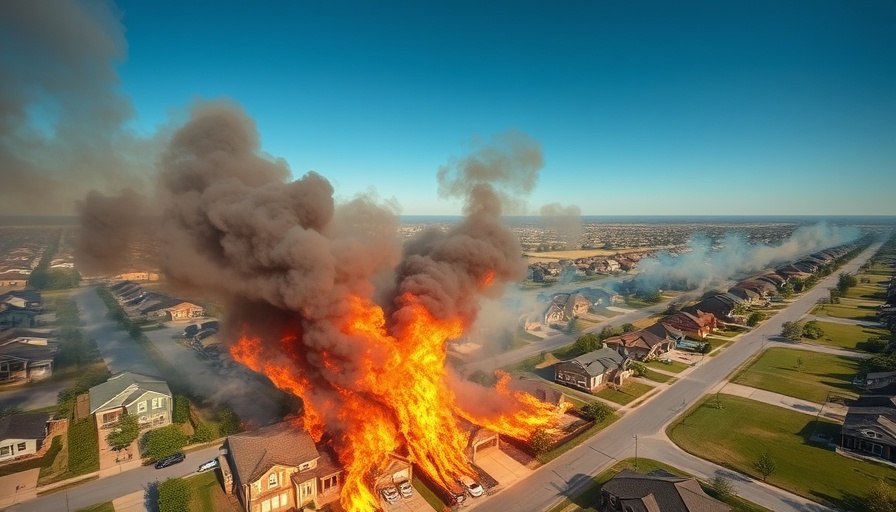 Wildfire approaching suburban homes, highlighting HVAC wildfire readiness.