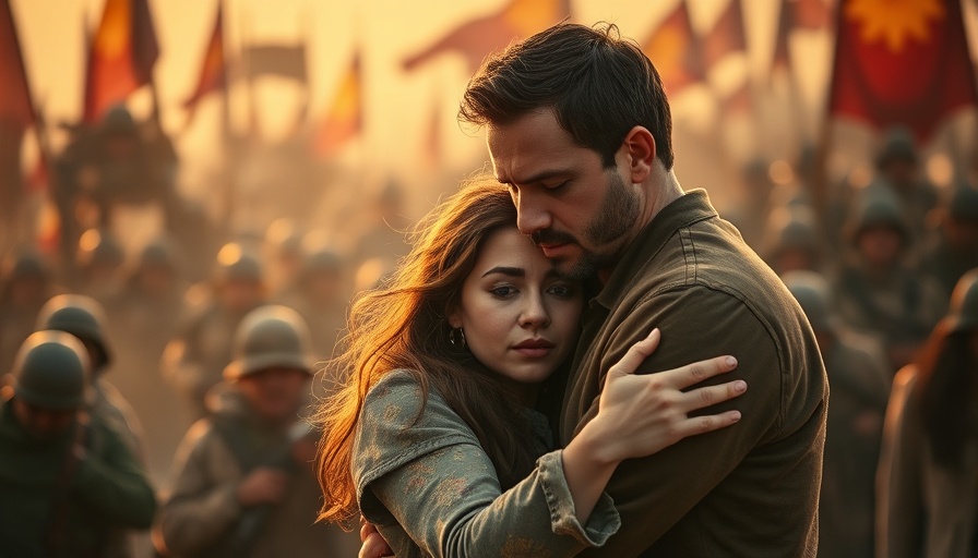 Emotional wartime romance with a strong female lead embracing a soldier.
