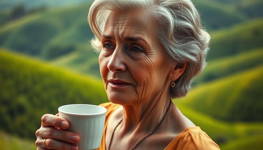 Serene older woman embracing nature's tranquility in greenery.