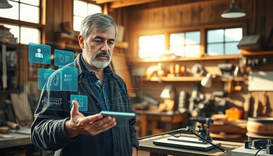 Man in workshop using holographic interface for business plan.