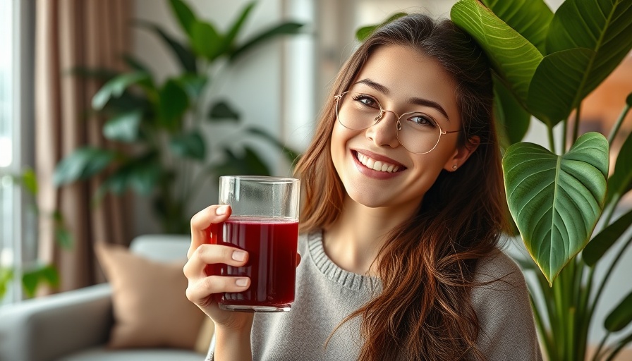 Woman enjoying tart cherry juice, cozy living room setting