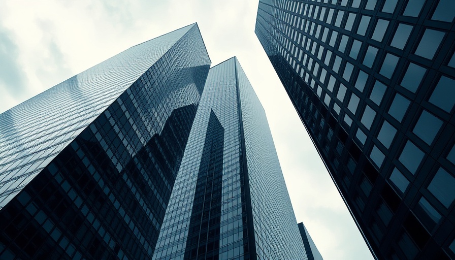 Modern skyscrapers in cityscape under cloudy sky.