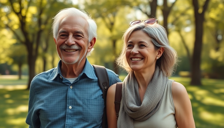 Older man smiling with a younger woman in a sunny park, Surprise Prostate Care After 40.