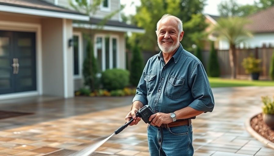 Elderly man pressure washing house, showcasing cleaning benefits for property.