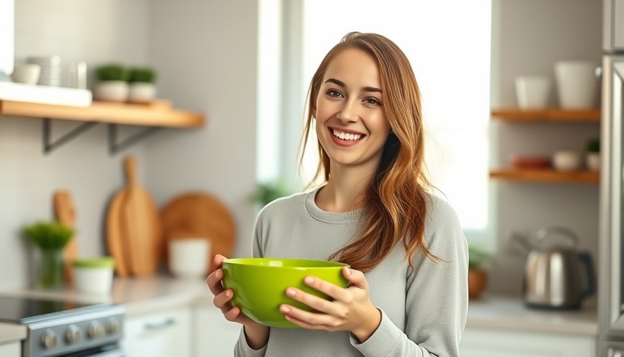 Smiling woman in kitchen with green bowl, clean foods.