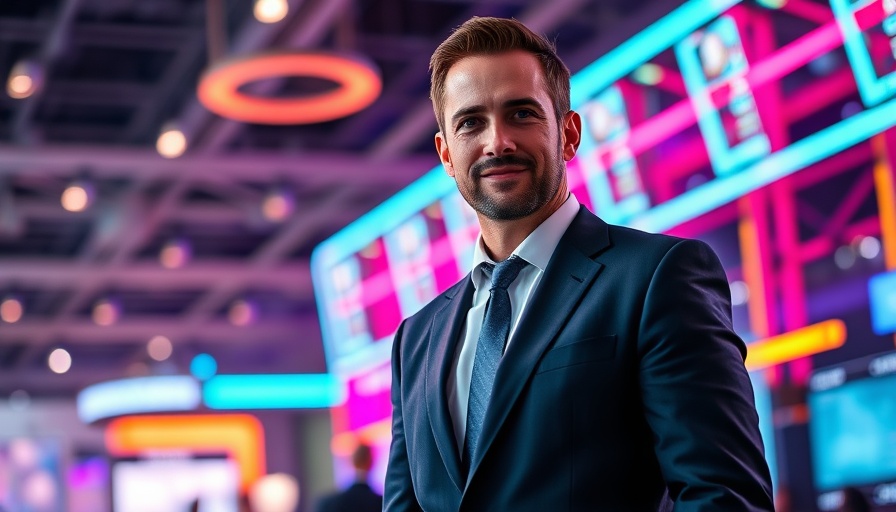 Confident businessman at tech conference, early stage investing insights.
