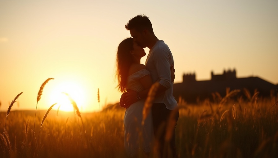 Silhouette of a couple embracing in a meadow at sunset.