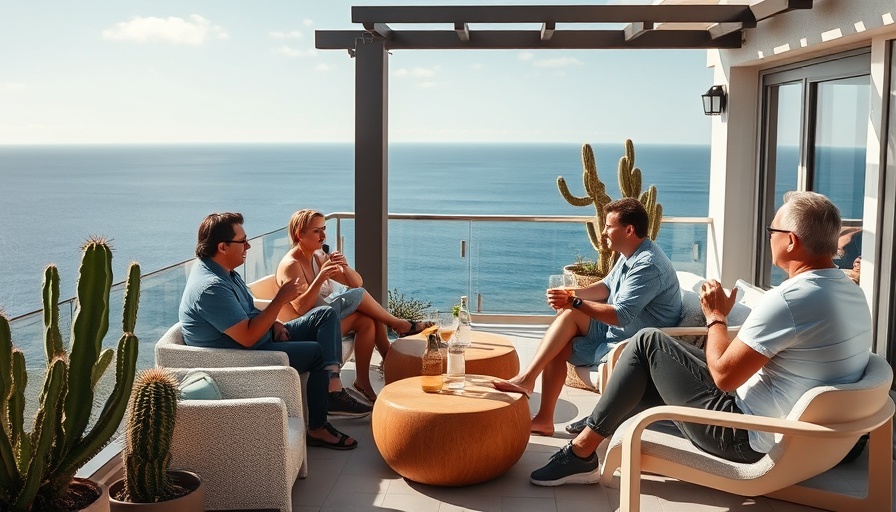 Group enjoying a casual gathering on a terrace during Cabo vacation planning.