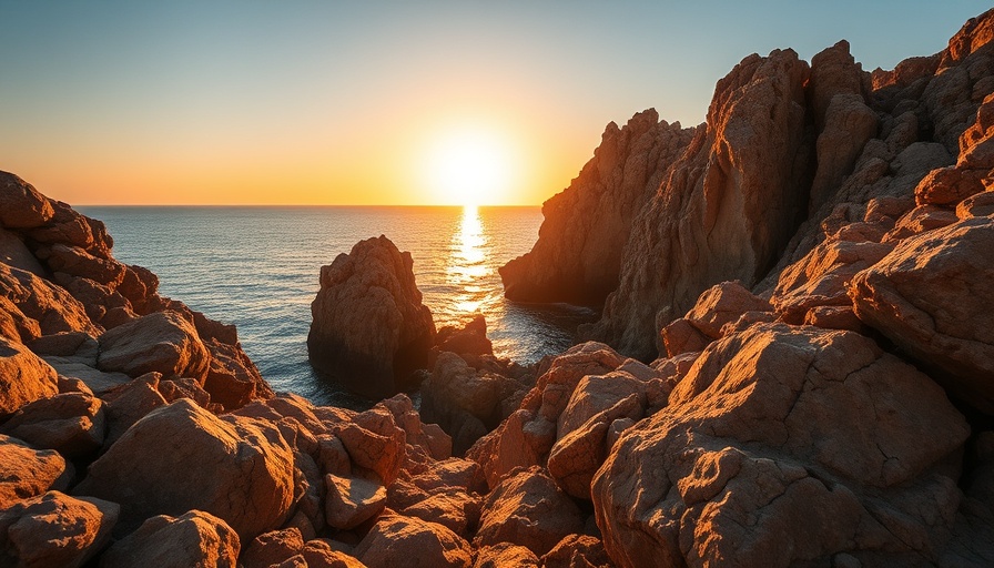 Scenic view of Cabo ocean rock formations at sunset, Cinematic Photo