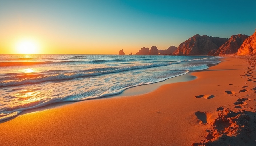 Cabo travel at sunset on serene beach with waves and footprints.