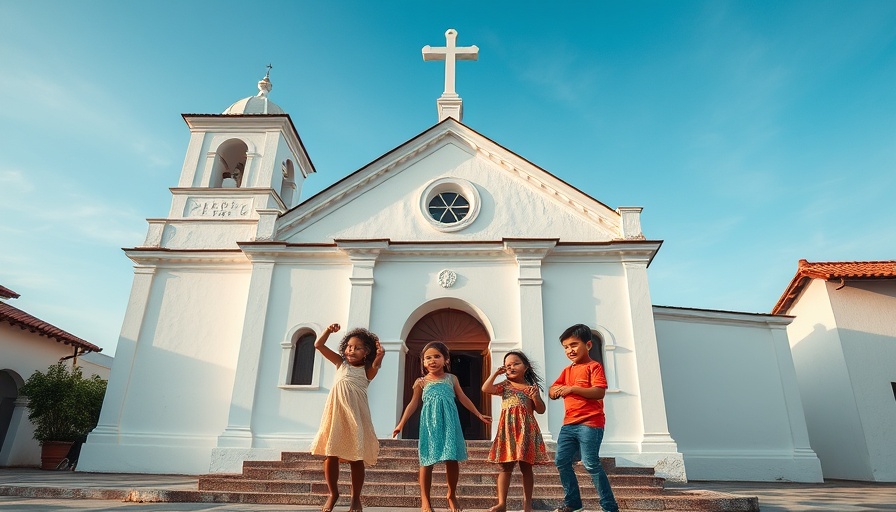 Charming church scene with children playing, Cabo San Lucas travel.