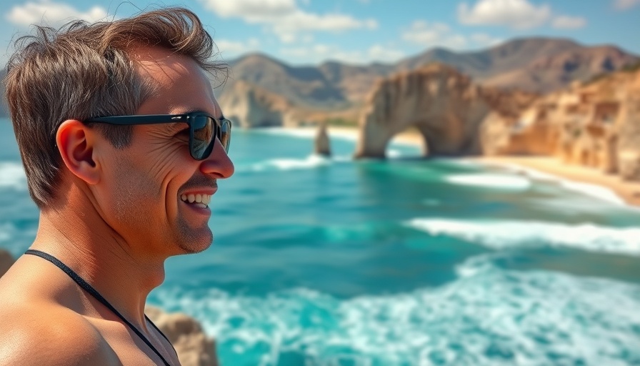 Breathtaking Cabo San Lucas travel view with smiling man and ocean.