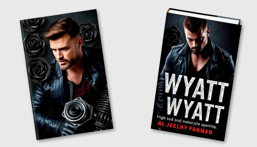 Book covers of 'Wyatt' with a motorcycle and rugged man theme.