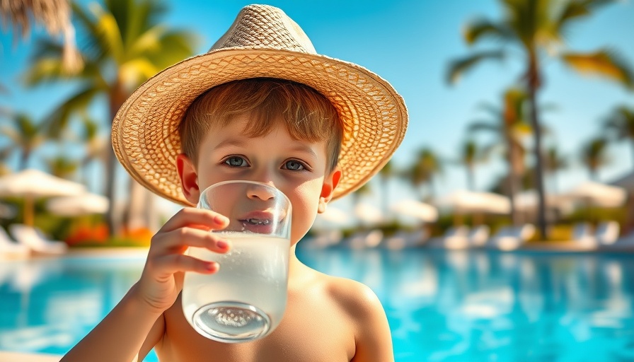 Young boy in a hat drinking water by a sunny pool, Can You Drink the Water in Cabo.
