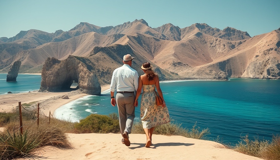 Couple walking on sandy path with ocean view in Cabo San Lucas.