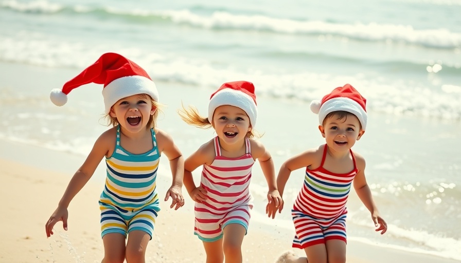 Children wearing Santa hats play on a sunny beach during vacation in Cabo San Lucas.