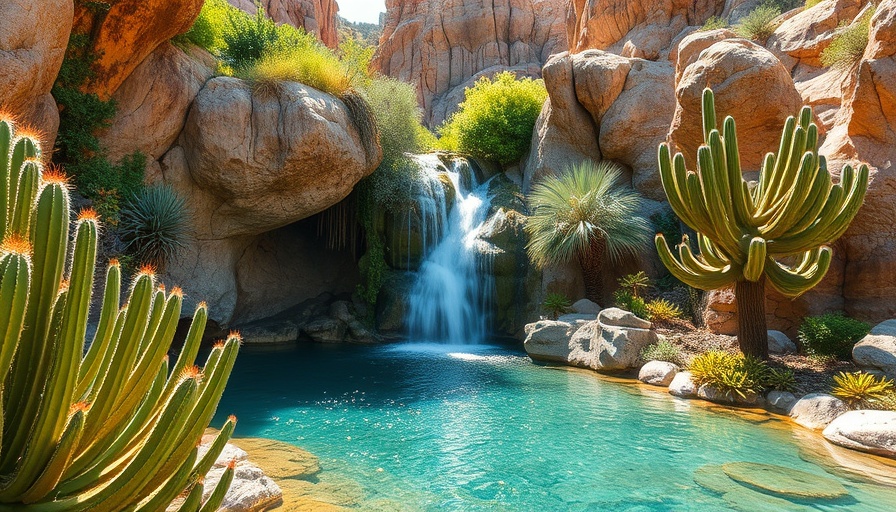 Serene desert oasis near Cabo San Lucas with waterfall.