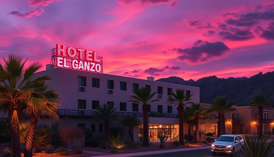 Vibrant night view of Hotel El Ganzo with neon sign and sunset sky.