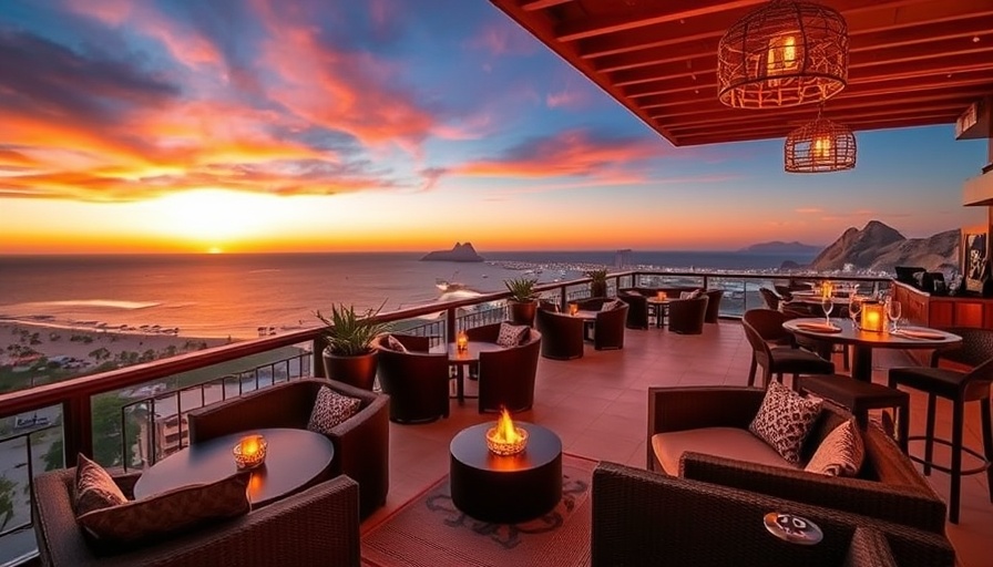 Beautiful rooftop bar overlooking the ocean in Los Cabos at sunset.