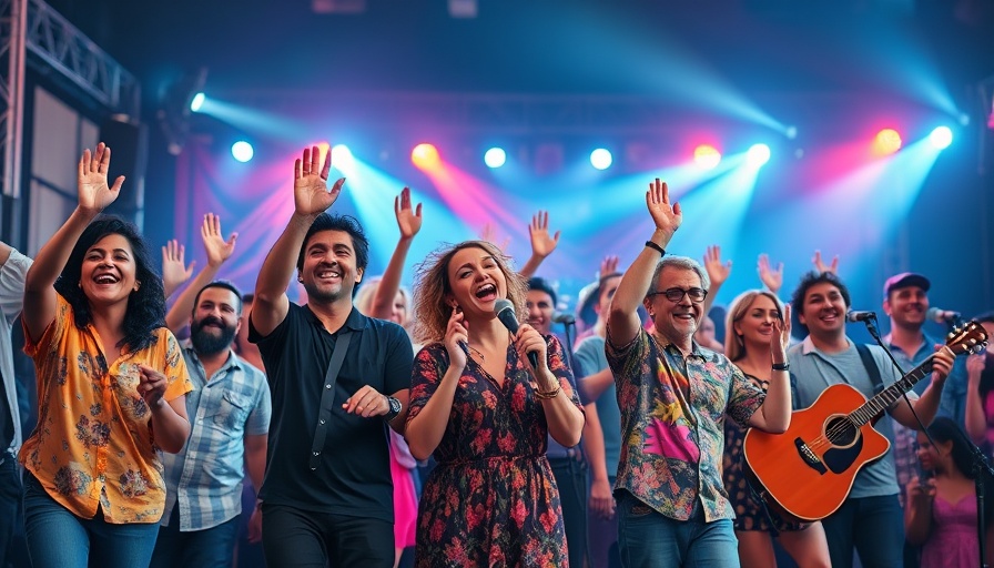 Group performing at music festivals in Los Cabos with colorful lights.