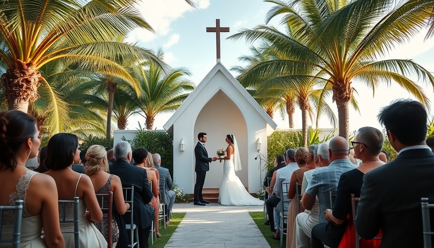 Cabo destination wedding at a rustic white church with guests.