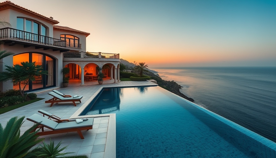 Luxurious villa with infinity pool overlooking ocean in Los Cabos at sunset.