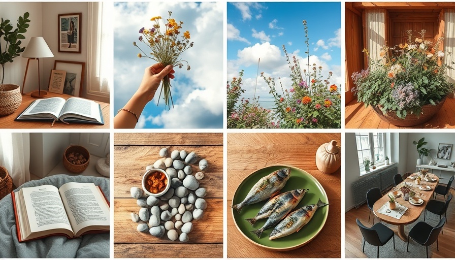 Collage of serene lifestyle scenes and nature in July.