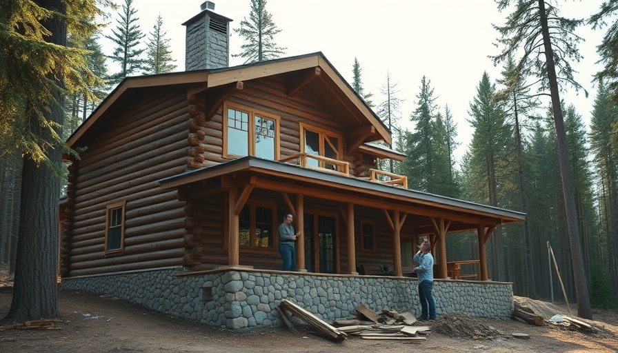 Log home foundation options with construction workers inspecting the site.