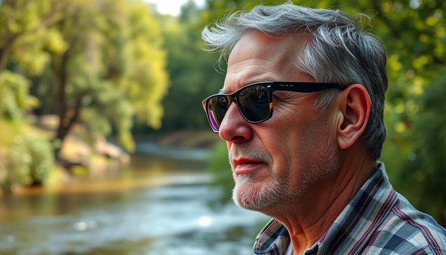 Middle-aged man in sunglasses enjoying nature, serene river backdrop.