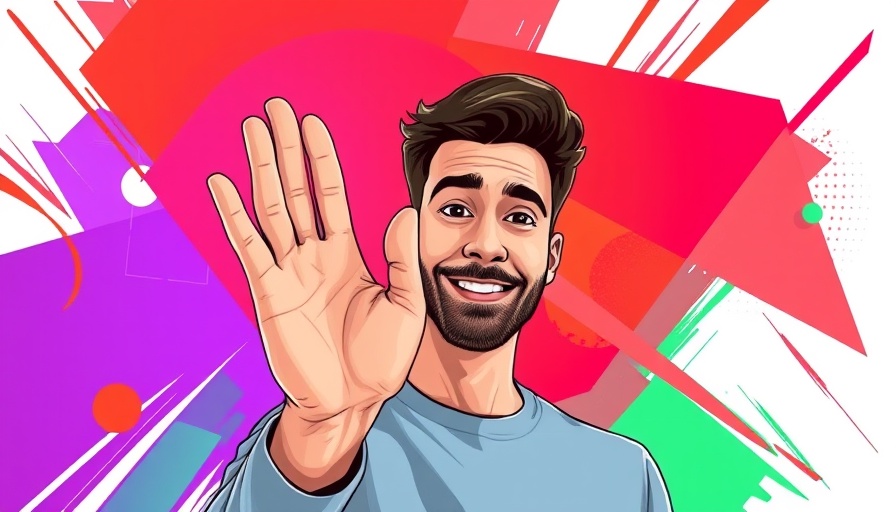 Colorful illustration of a man waving amid abstract design