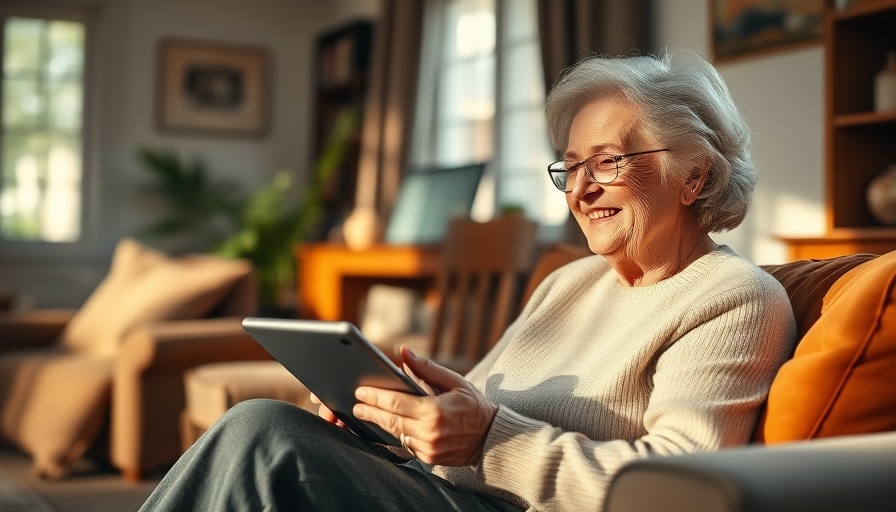 Smiling elderly woman uses tablet, highlighting connected senior living experiences.