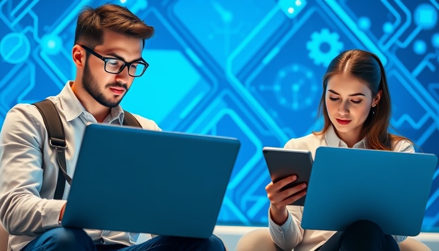 AI chatbots influence decision making: Two professionals with tech devices.
