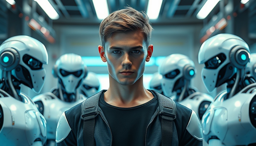 A determined young man with humanoid robots in a futuristic setting, embracing failure in humanoid robotics.