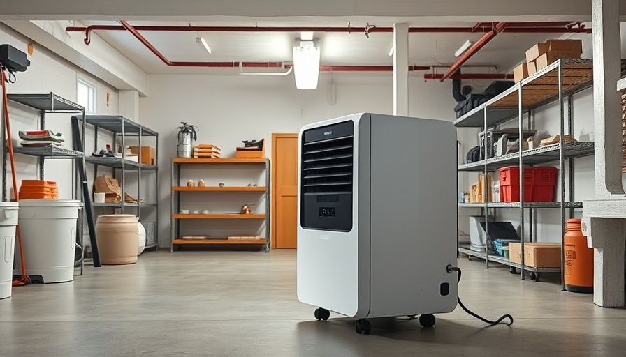 Modern dehumidifier in a well-organized basement removing moisture.