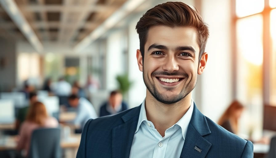 Confident young man in office, signifying community connections.