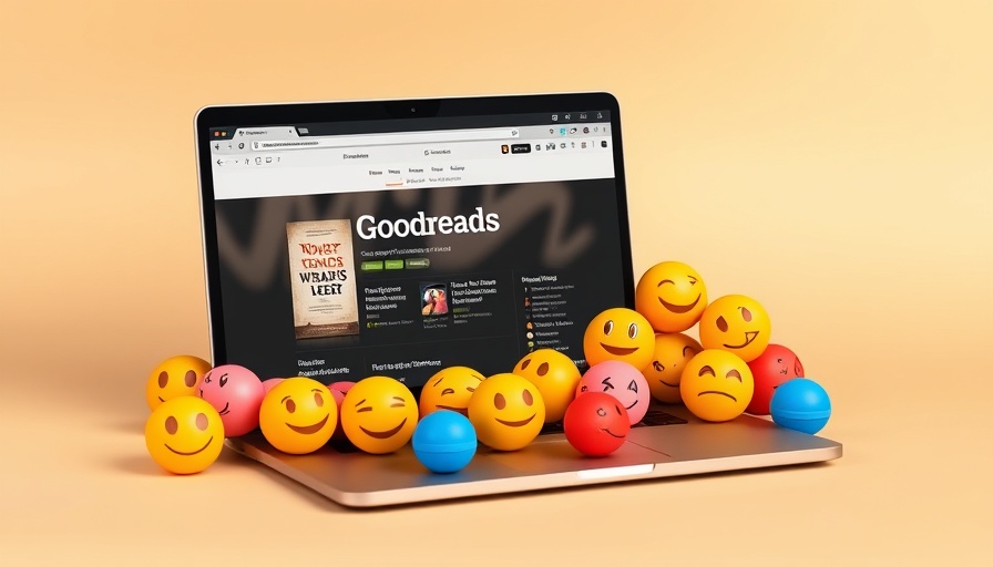 Laptop displaying Goodreads website for book lovers with emojis.