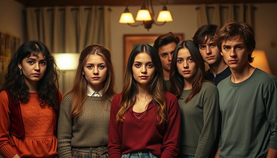 Group of young people indoors, serious expression, 1980s style setting.