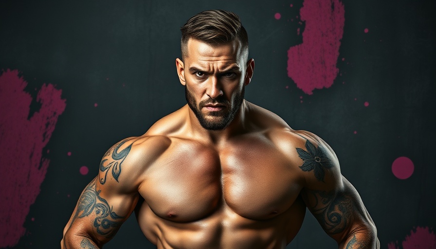 Tattooed man with intense gaze against dark pink background