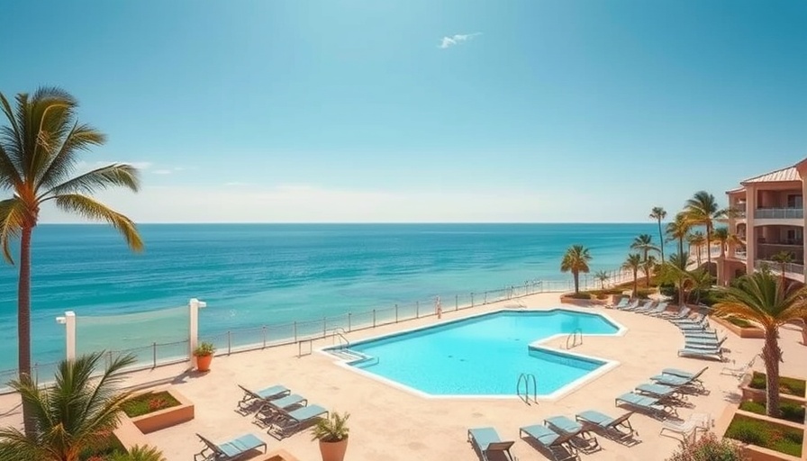 Scenic view of cheap all-inclusive resort in Los Cabos with pool and beach.