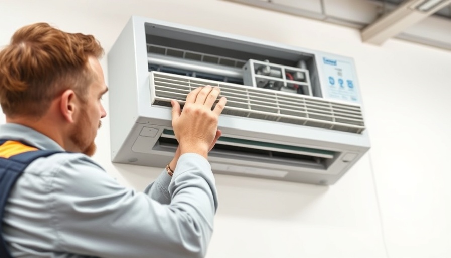 Technician examining air conditioner for common repair issues, indoor setting.
