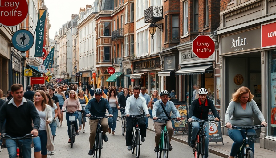 Monmouthshire high street bustling with pedestrians and cyclists.